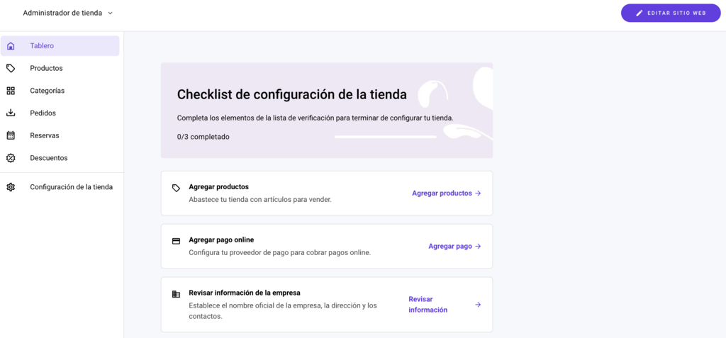 Administrador de tienda online del Creador de Hostinger