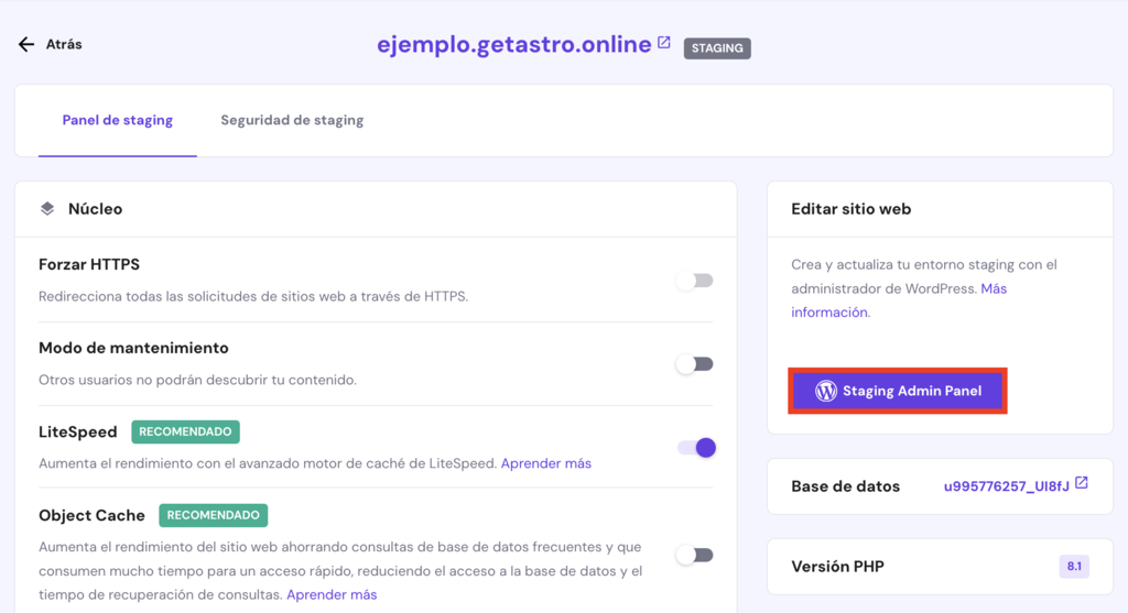 Panel de staging de hPanel