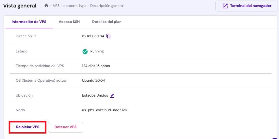 Bot&oacute;n para Reiniciar VPS de hPanel