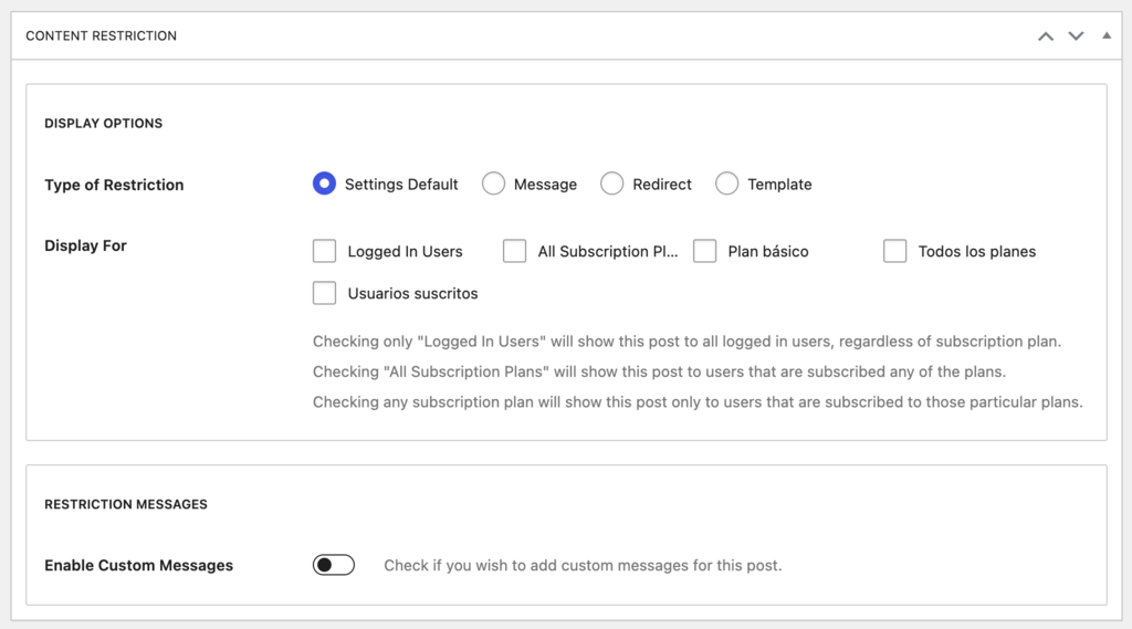Secci&oacute;n de restricci&oacute;n de contenido de WP
