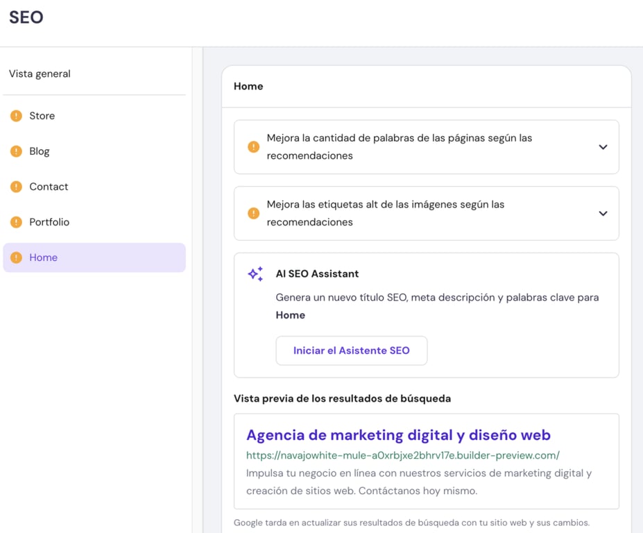 Secci&oacute;n SEO del Creador web de Hostinger