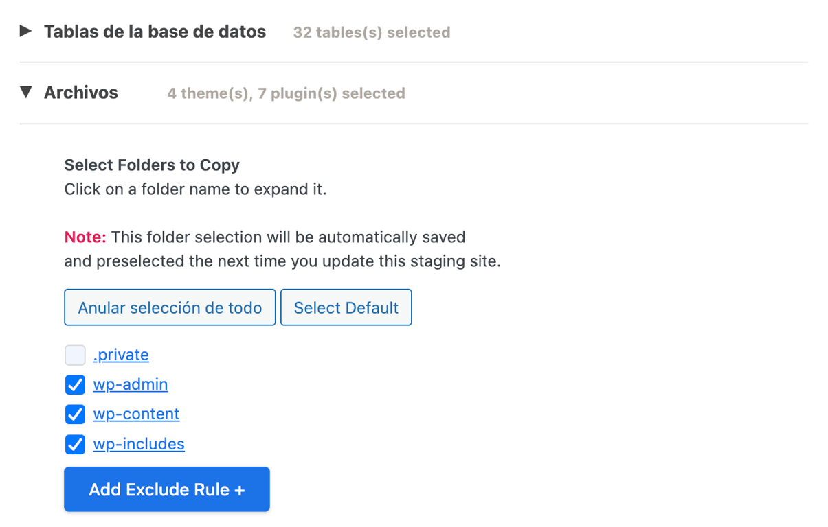 Sección de tablas y archivos de WP Staging