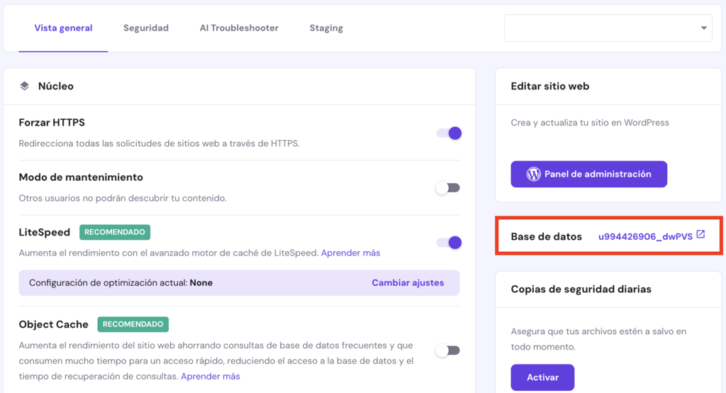 Vista general de la sección de WP en hPanel