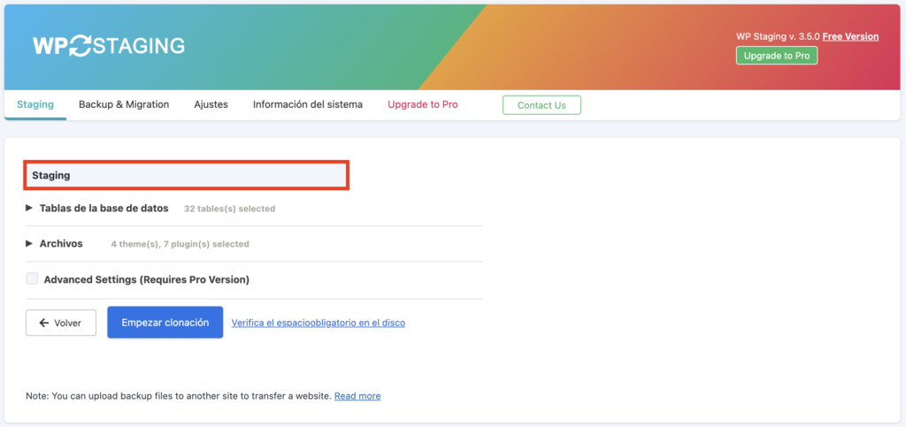 Panel de control de WP Staging