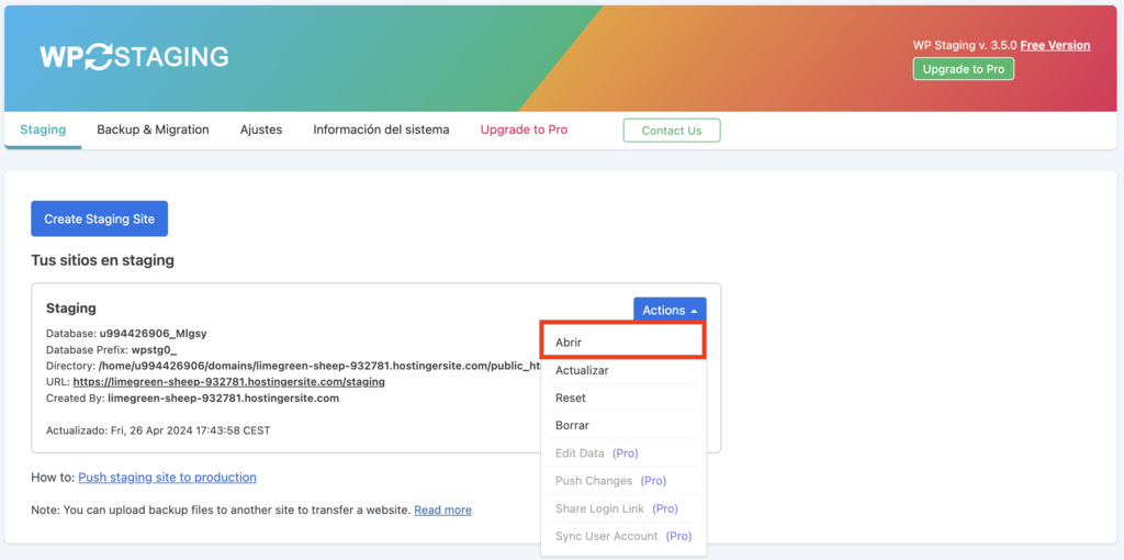 Acciones realizables en WP Staging