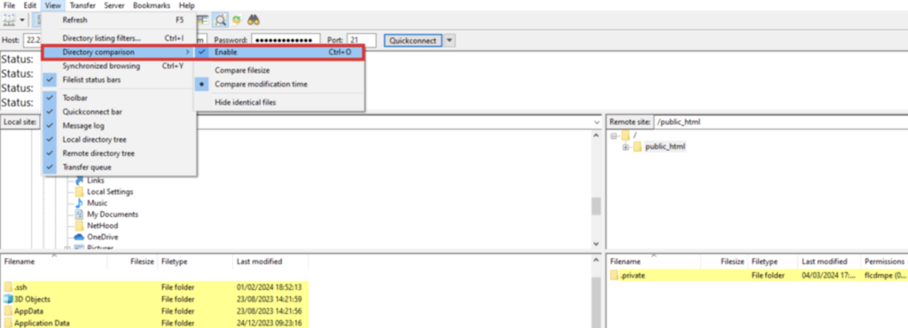 Funci&oacute;n comparaci&oacute;n de directorios de FileZilla