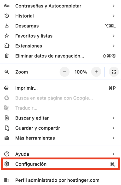 Opci&oacute;n de Configuraci&oacute;n de Google Chrome