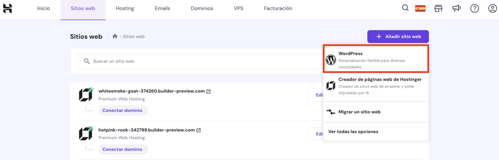Crear una web de WP desde hPanel