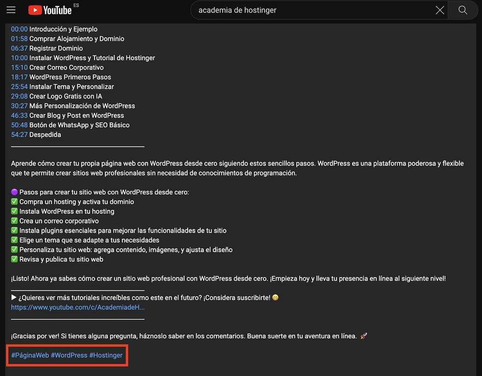 Ejemplo de etiquetas en la Academia de Hostinger en YouTube
