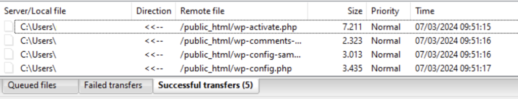 Parte inferior de la ventana de FileZilla