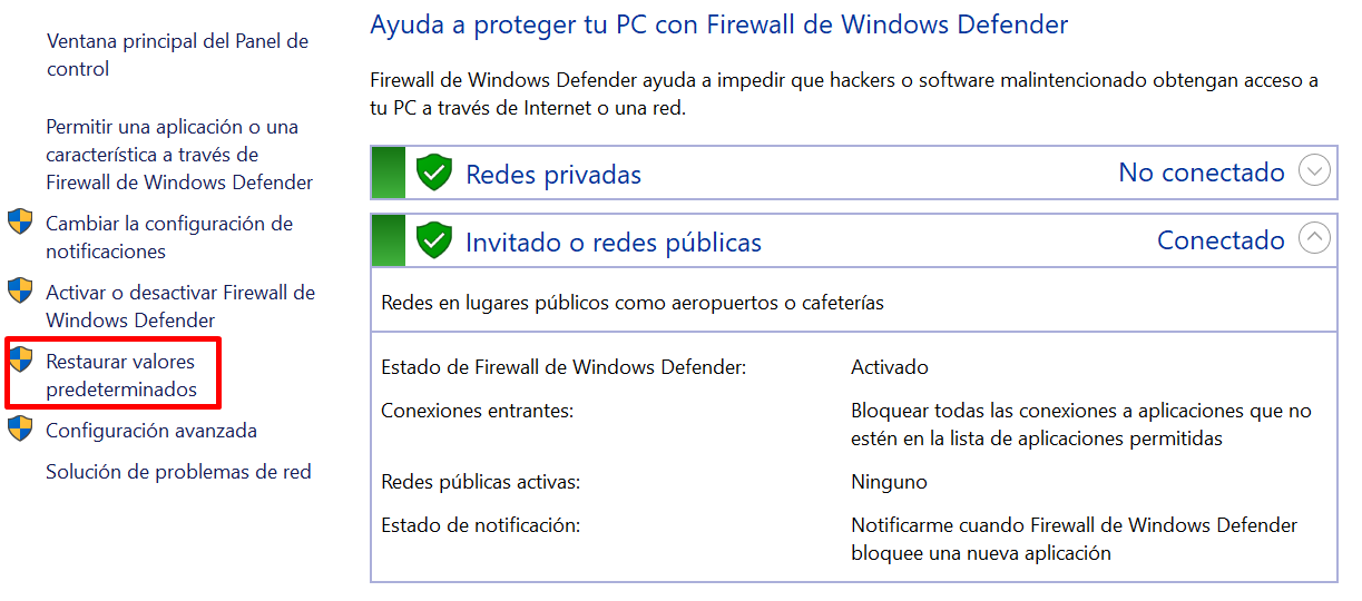 Opci&oacute;n de Restaurar valores predeterminados de Windows