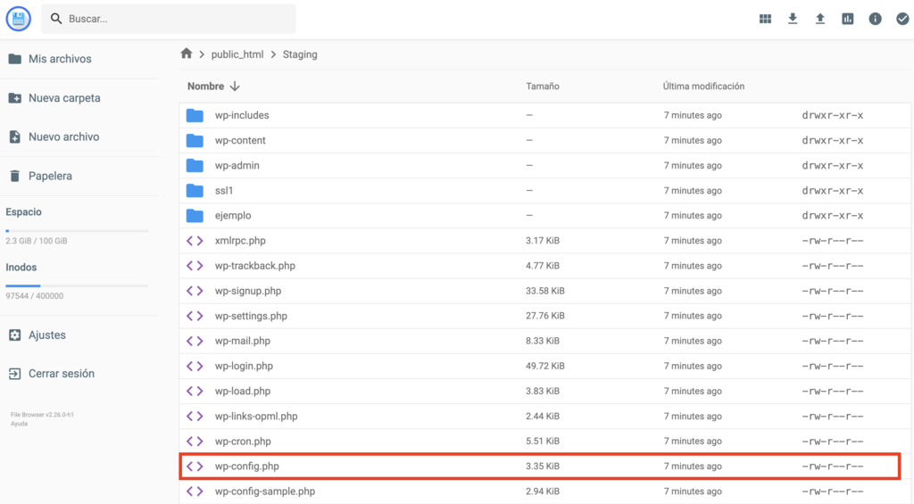 Archivo wp-config.php en el administrador de Hostinger