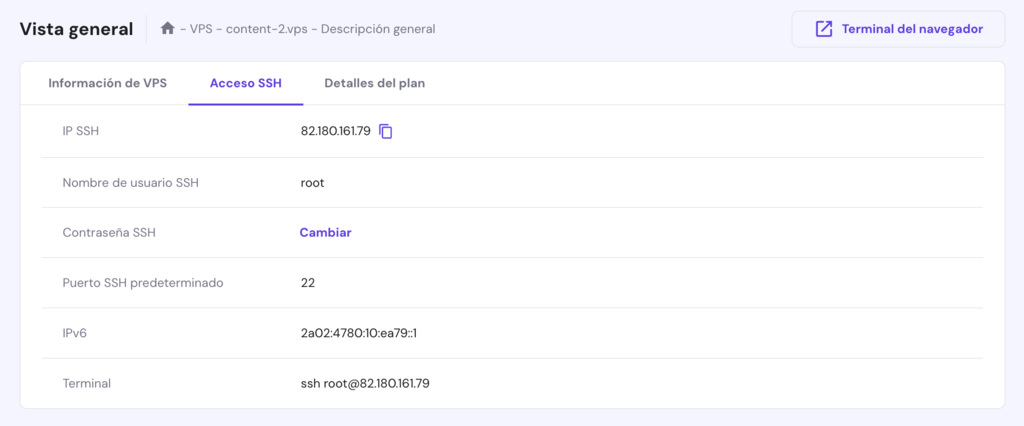 Panel de juego de VPS en hPanel