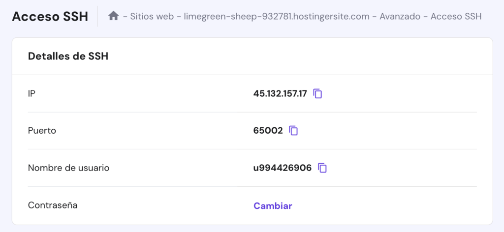 Sección Acceso SSH de hPanel