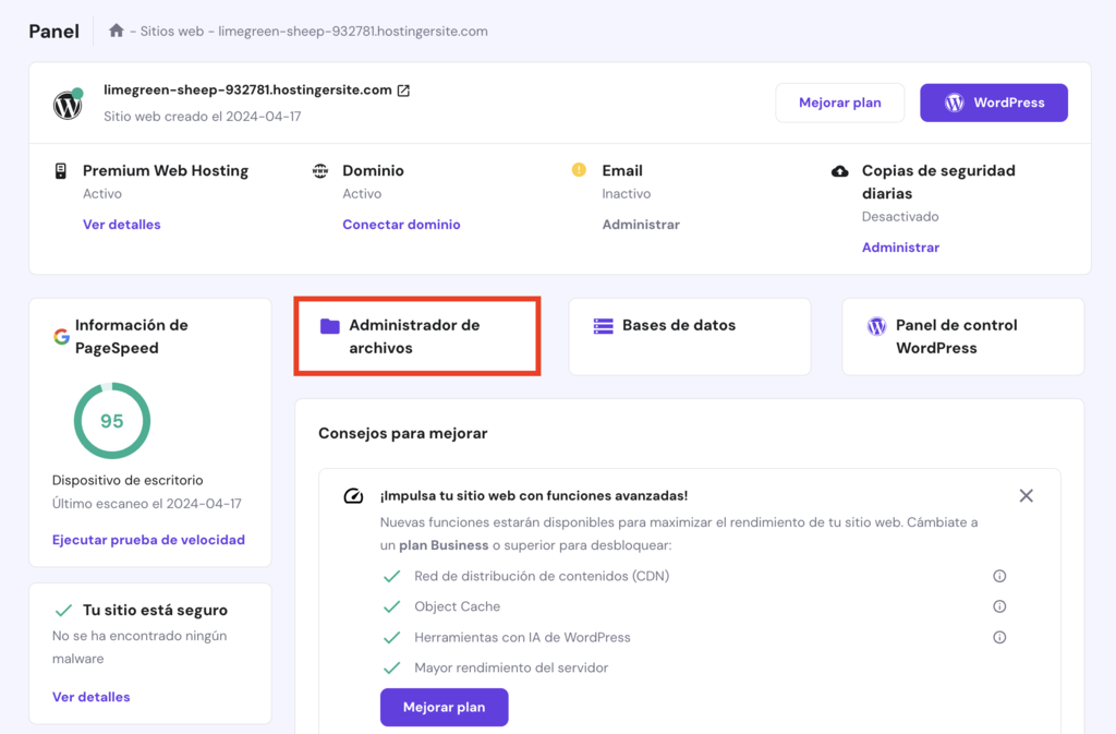 Administrador de archivos de hPanel