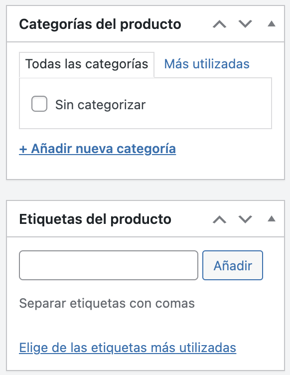 Sección de categorías del producto de WP