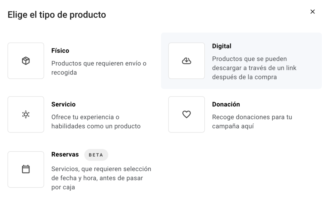 Elegir tipo de producto en el Creador de Hostinger