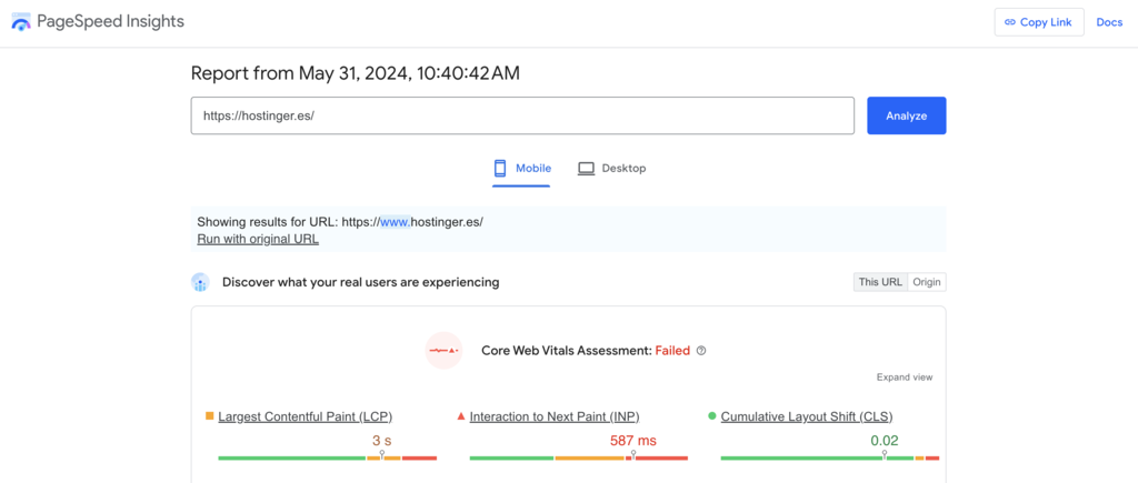 Sitio web de Google PageSpeed Insights