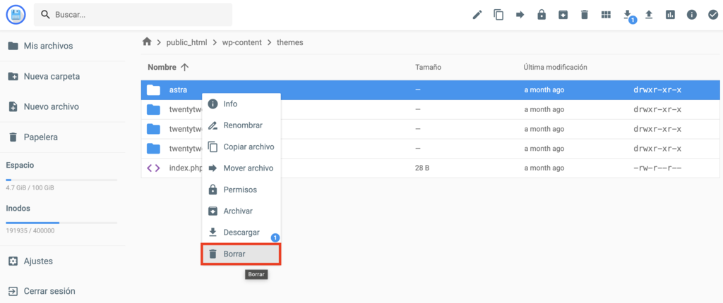 Opción Borrar tema del Gestor de archivos de Hostinger