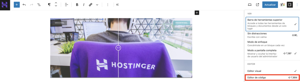 Opci&oacute;n de Editor de c&oacute;digo del Editor de WordPress