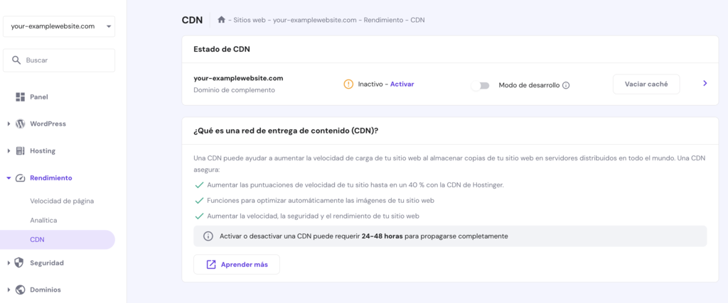 Secci&oacute;n de la CDN en hPanel