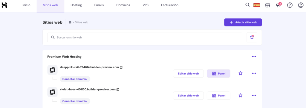 Secci&oacute;n de Sitios web del hPanel