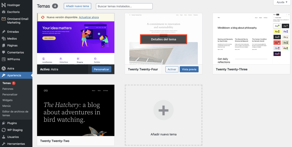 Sección de temas de WordPress