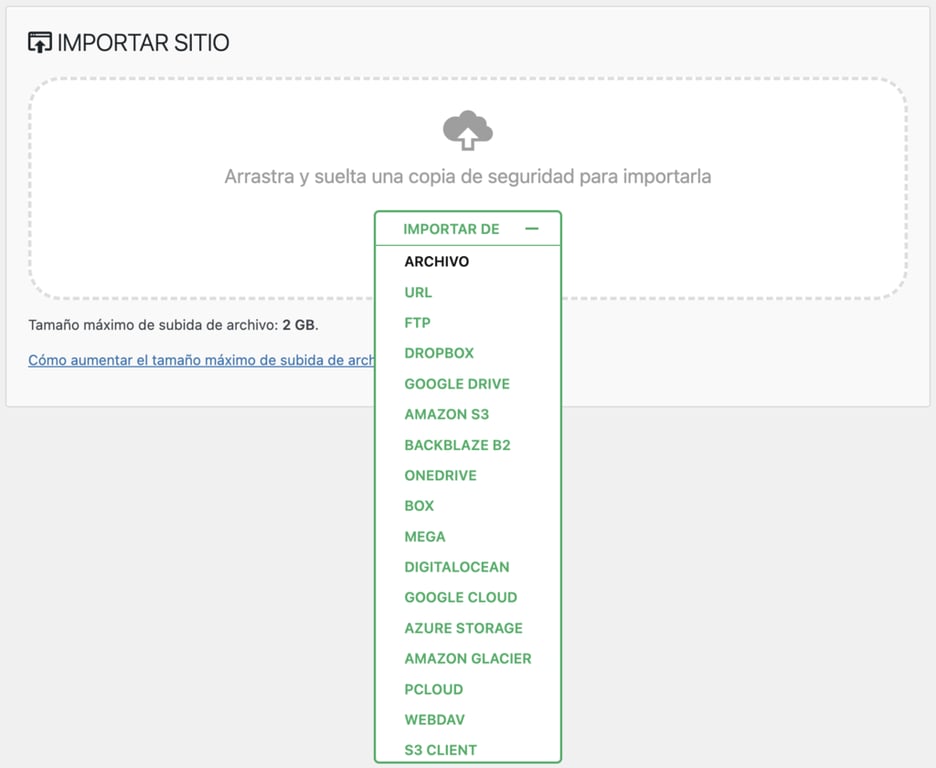 Importar sitio web desde All-in-One WP Migration
