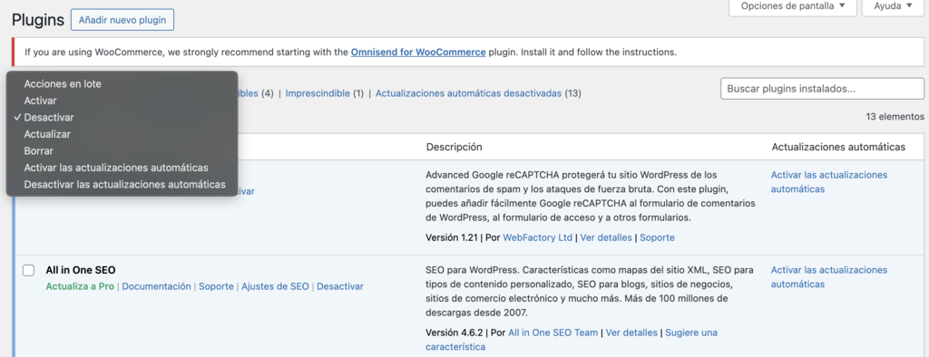 Secci&oacute;n de plugins de WordPress