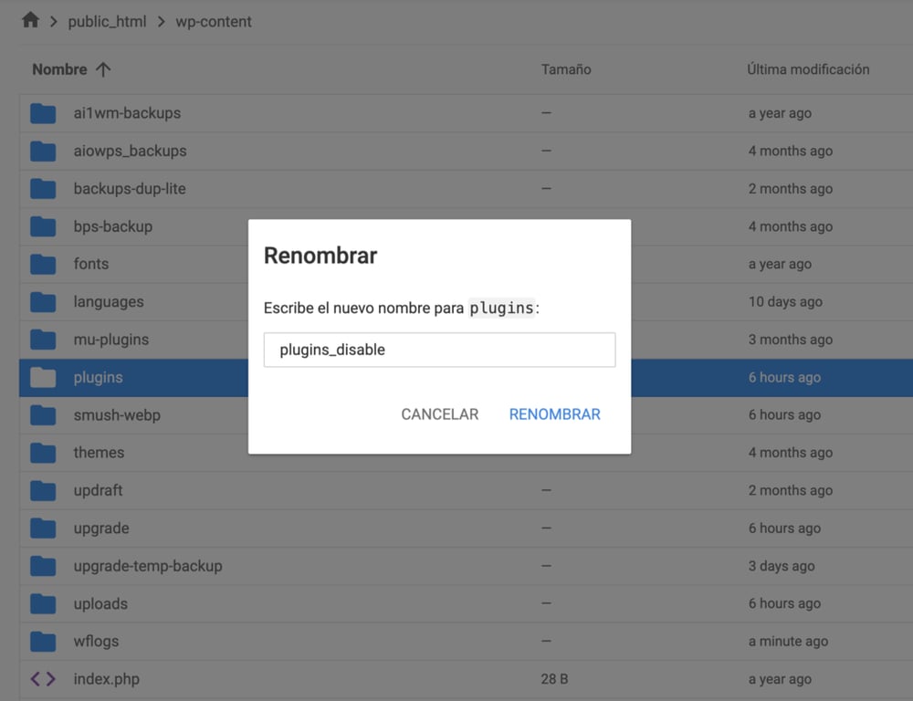 Renombrar archivo en el Administrador de archivos de hPanel