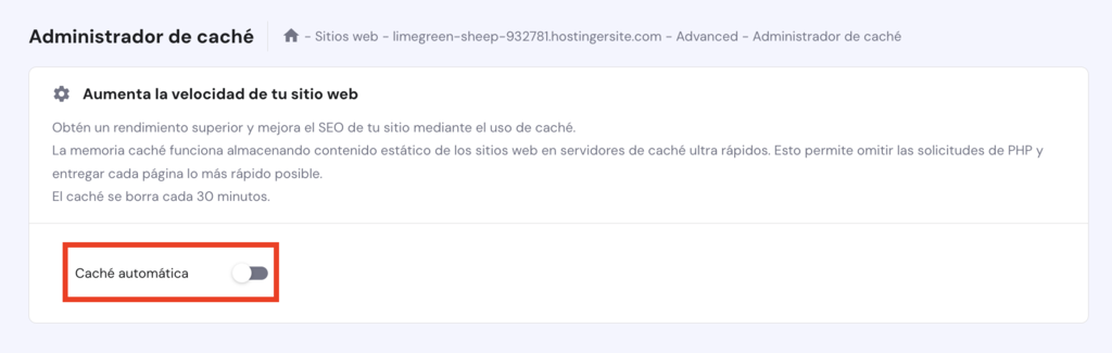 Administrador de cach&eacute; de hPanel
