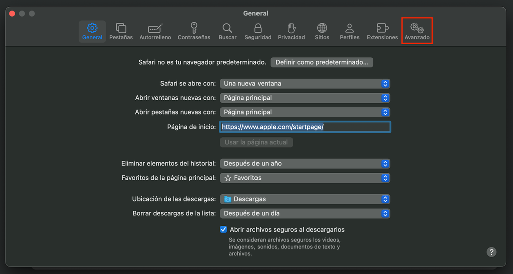 Opciones generales de Safari