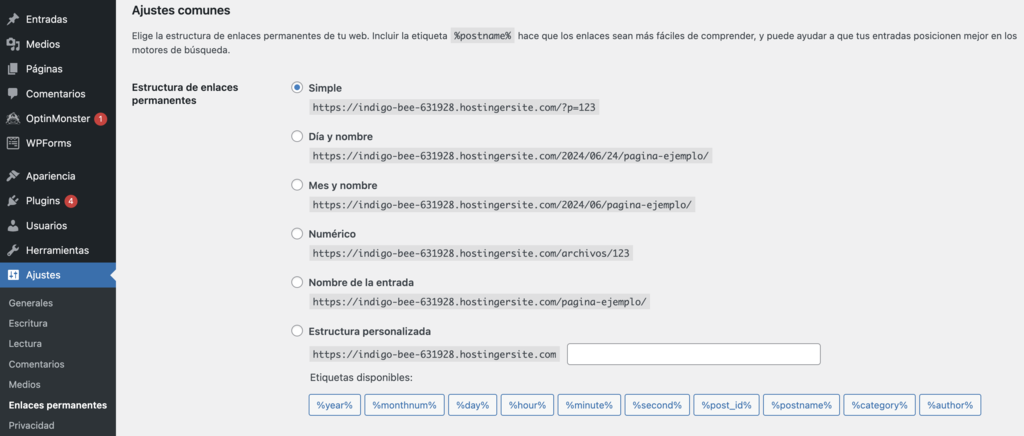 Secci&oacute;n de ajustes comunes de enlaces permanentes de WP