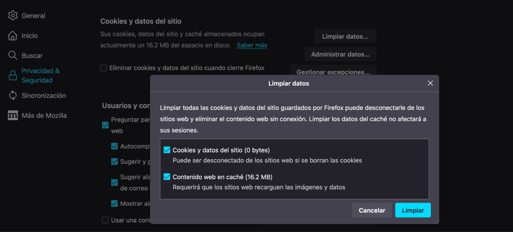 Secci&oacute;n Limpiar datos de Firefox