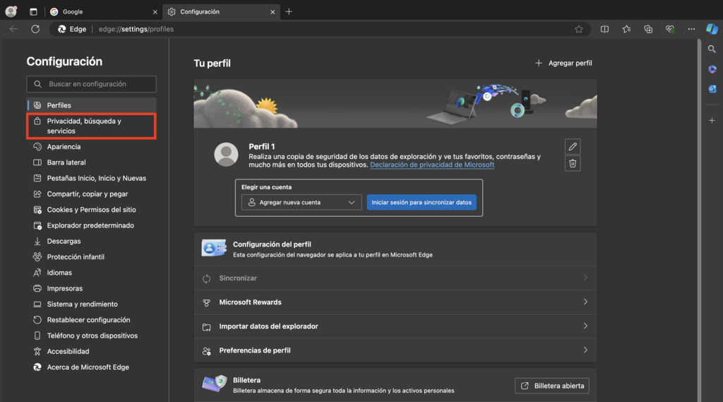 Ajustes de Microsoft Edge