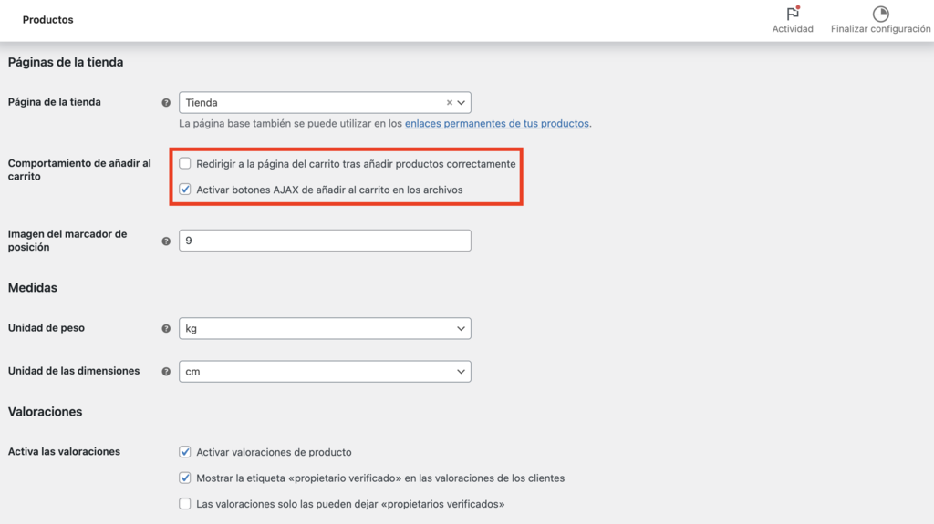Sección de ajustes de WooCommerce