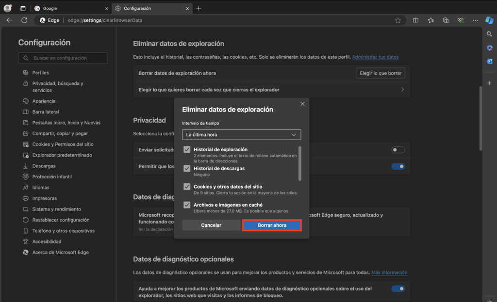 Eliminar datos de exploraci&oacute;n de Microsoft Edge