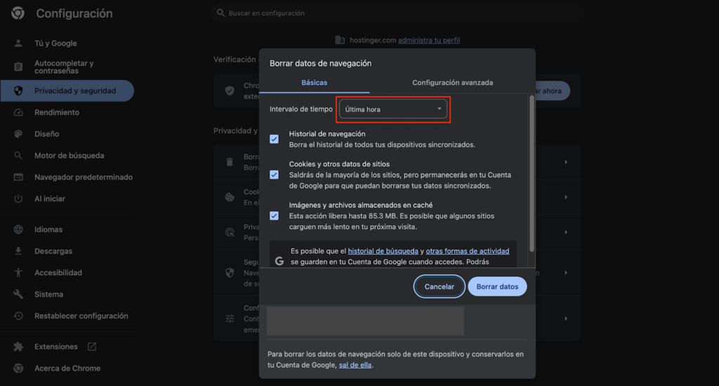 Opci&oacute;n Intervalo de tiempo de Google Chrome