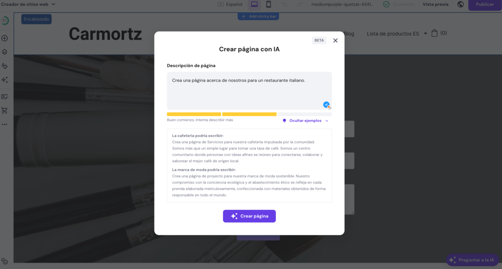 Crear páginas con iA del Creador de sitios web de Hostinger