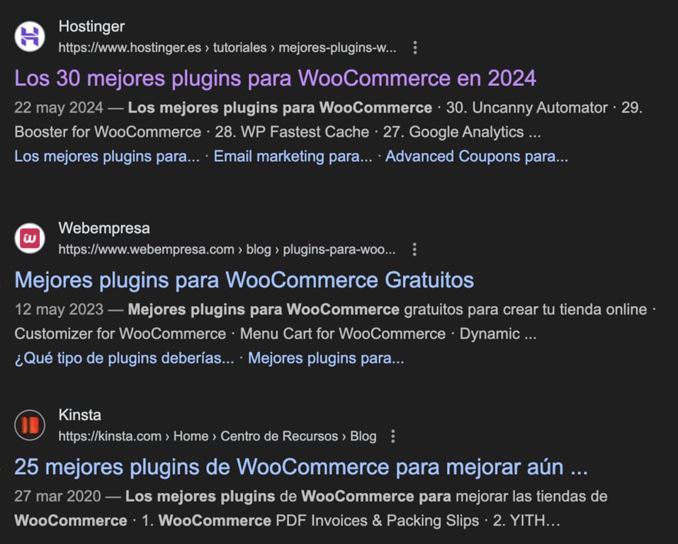 Ejemplo de artículos en la SERP