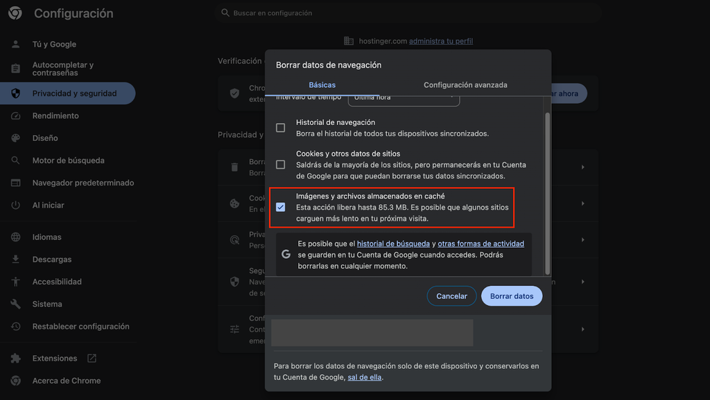 Opci&oacute;n im&aacute;genes y archivos almacenados en cach&eacute; de Google Chrome