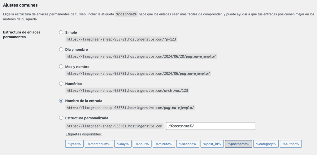 Secci&oacute;n de Enlaces permanentes de WordPress