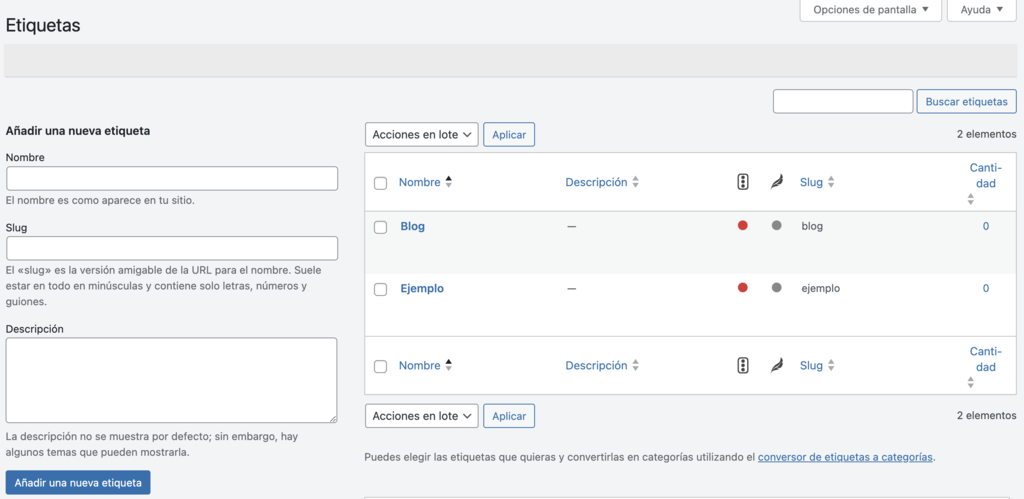 Sección de Etiquetas de WordPress