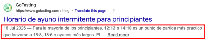 Resultado de Google para "horario de ayuno intermitente para principiantes" con una metadescripción destacada sobre planes de ayuno personalizados y pérdida de peso.
