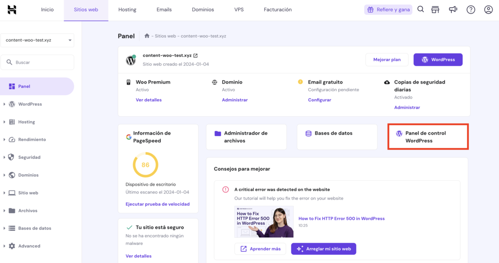 Vista general de hPanel