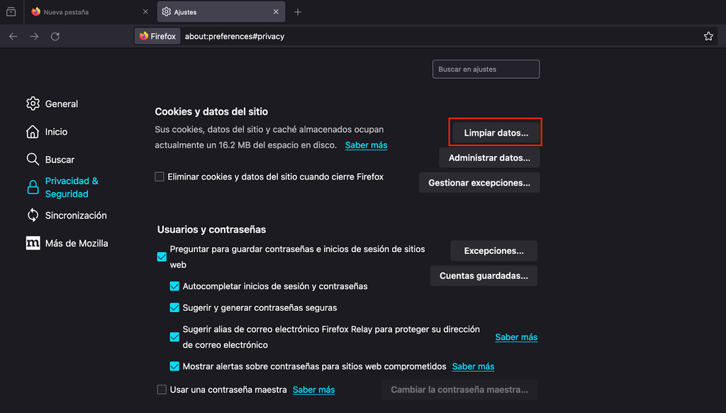 Opci&oacute;n Limpiar datos de Firefox