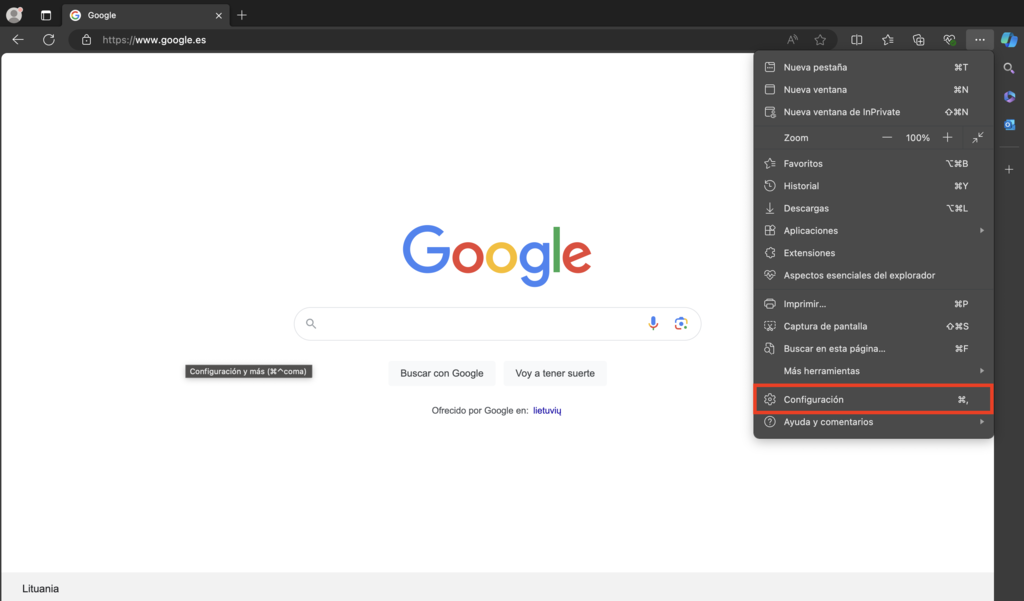 Bot&oacute;n de configuraci&oacute;n de Microsoft Edge