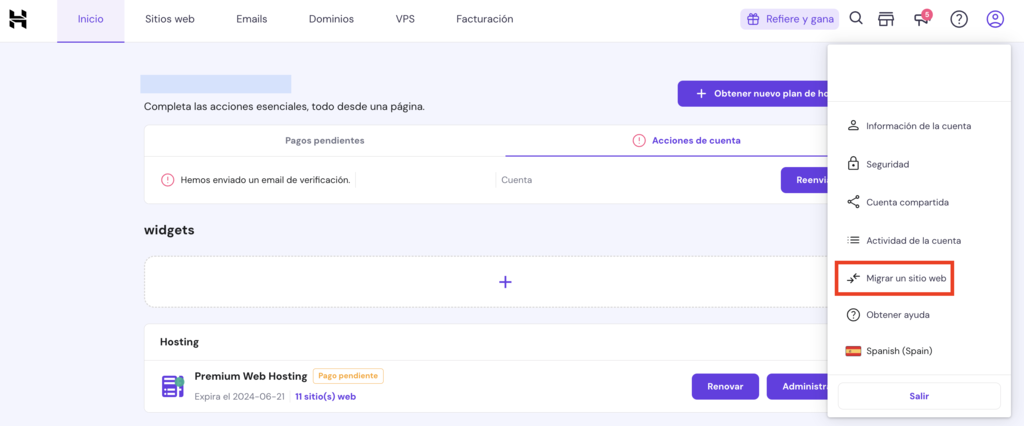 Opci&oacute;n de migrar un sitio web en hPanel