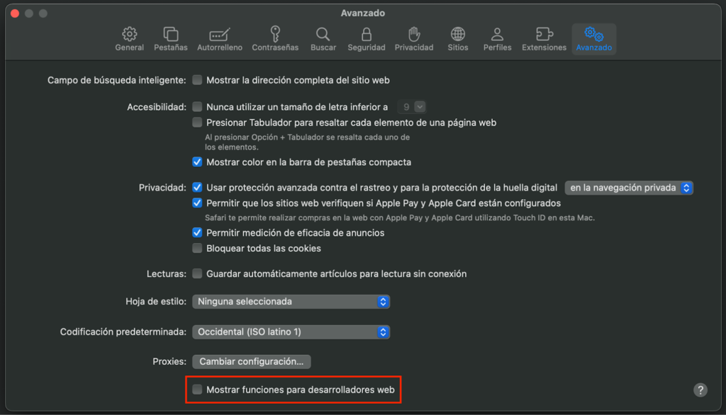 Opci&oacute;n Mostrar funciones para desarrolladores web de Safari