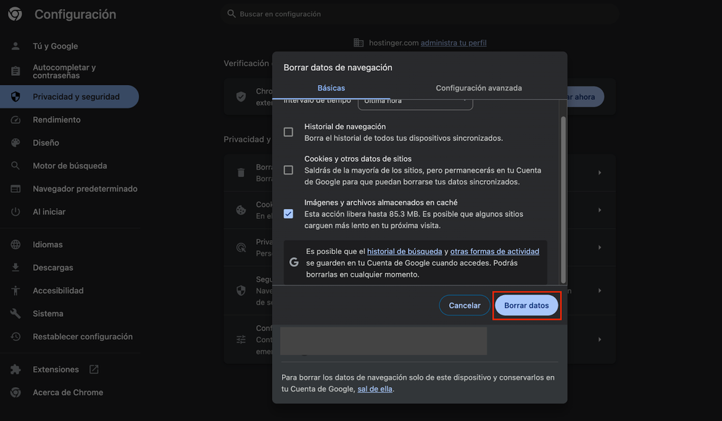 Bot&oacute;n para borrar datos de las im&aacute;genes y archivos almacenados en cach&eacute; de Google Chrome